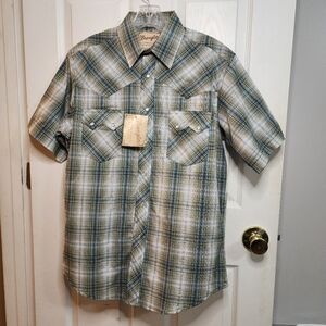 NWT Wrangler Blue Plaid Pearl Snap Short Sleeve Rodeo Button Up Shirt Size M